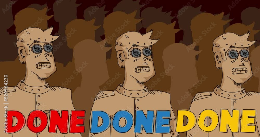 Poster robot army with done text. line art animated video. future robotics cartoon animation.