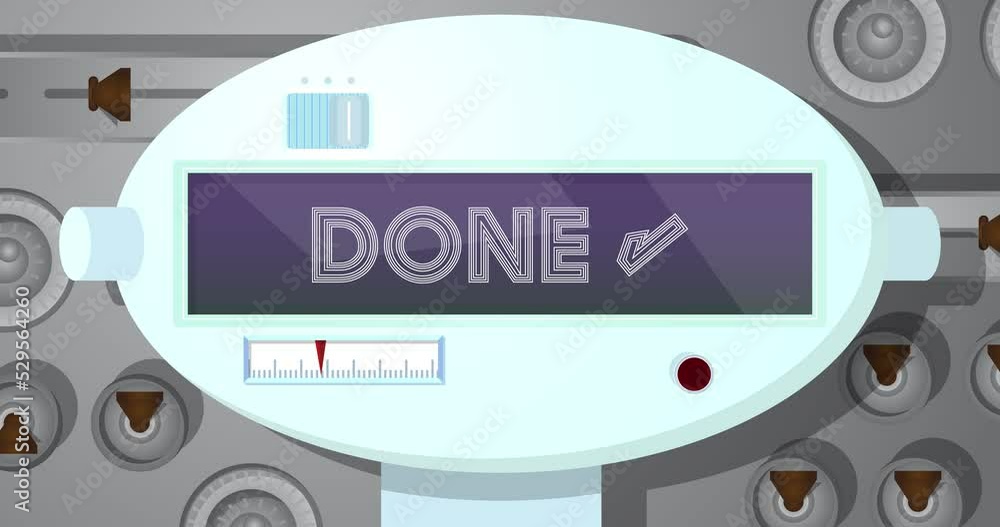 Poster robot eye showing done text. animated video. future robotics cartoon animation.