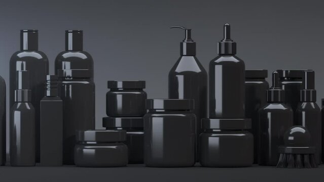 Black Beauty Product plastic tubes collection set for cosmetics on dark background. Packaging for cream, gel, serum, advertising and product promotion. 3D Animation.