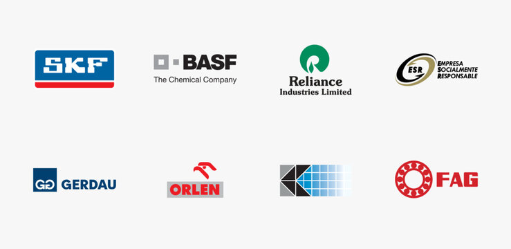 Industry logo set collection. Most well-known logos of industry. Kosgeb, ESR Empresa Socialmente Responable, Orlen, Gerdau, BASF Group, FAG, SKF, Reliance Industries Ltd.