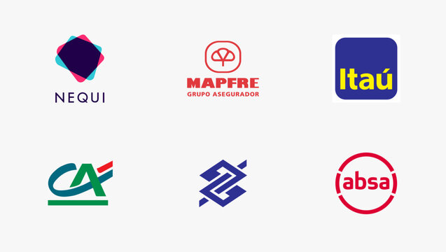 Biggest finance company logos. Popular logo collection of Absa, Credit Agricole, Mapfre, Itau, Banco do Brasil, Nequi. Editorial vector.