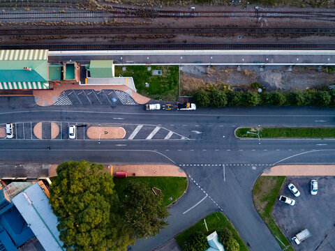 Overhead aerial view of train station in singleton