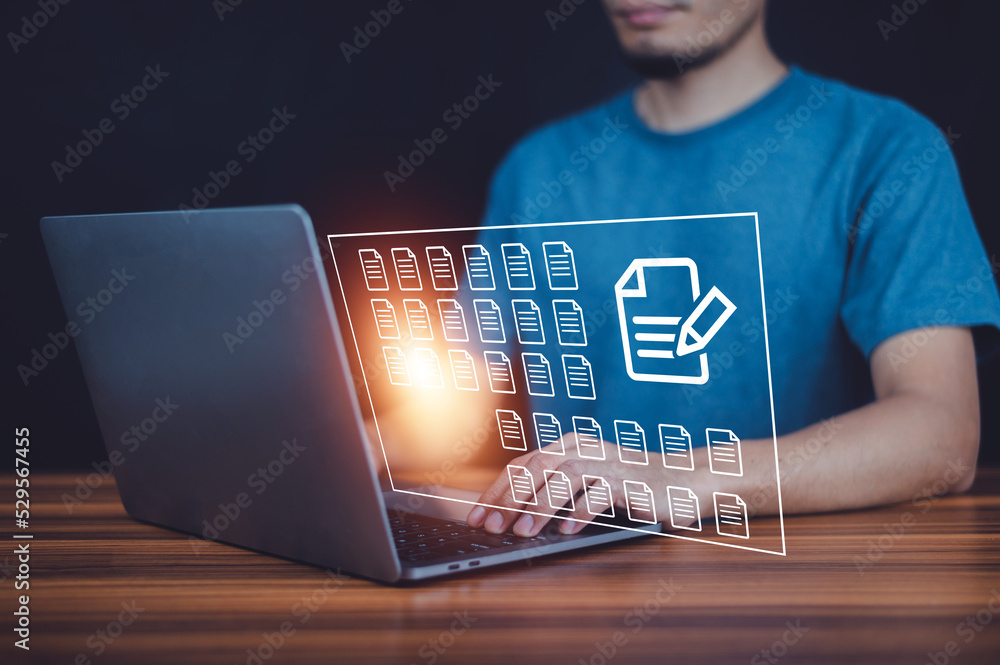 Poster businessman online computer document management concept, online documentation database