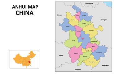 Anhui Map of China. State and district map of Anhui. Political map of Anhui with country capital.