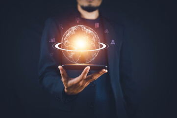 Businessman Business global internet connection application technology and digital marketing and virtual Global Internet connection metaverse.