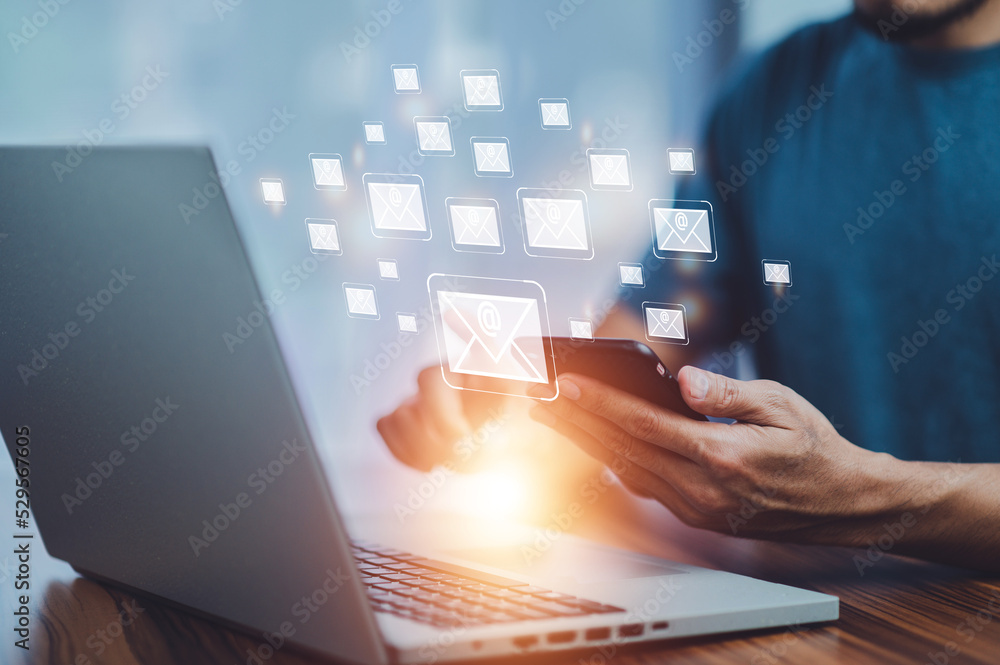Poster man reading business email newsletter on smartphone , man looking mailbox customer contract communic