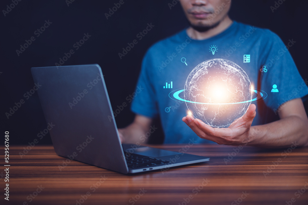 Aufkleber man hand holding virtual global internet connection metaverse. business global internet connection a