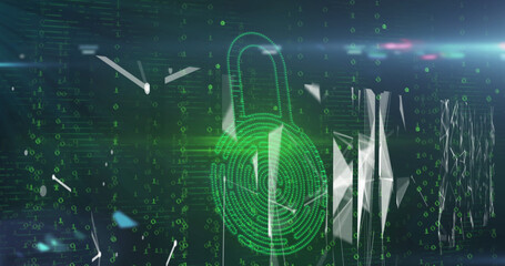 Image of online biometric fingerprint security padlock, binary coding and data processing