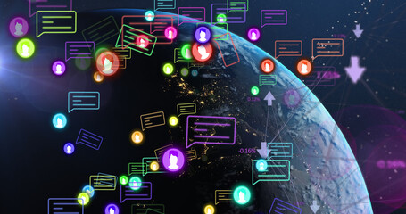 Image of media icons and arrows over globe