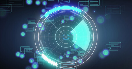 Image of media icons and scope scanning on blue background