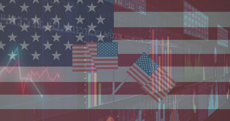 Image of statistics processing over flags of united states of america