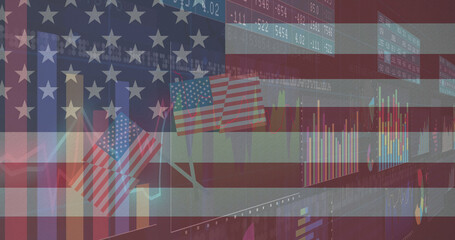 Image of statistics processing over flags of united states of america