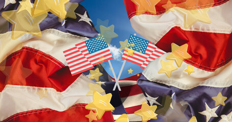 Afbeelding van gele sterren boven vlaggen van de Verenigde Staten van Amerika