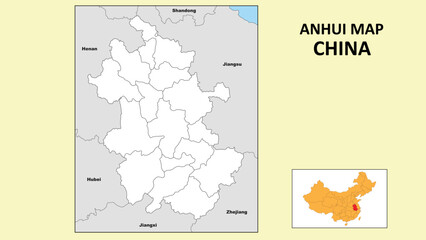 Anhui Map of China. State and district map of Anhui. Political map of Anhui with outline and black and white design.