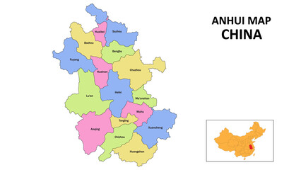 Anhui Map of China. State and district map of Anhui. Detailed colorful map of Anhui.