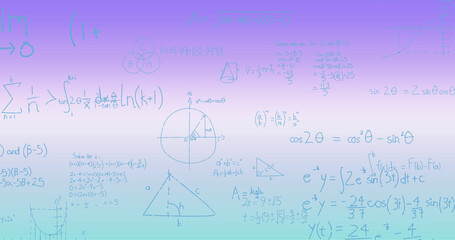 Image of handwritten mathematical formulae over blue to purple background