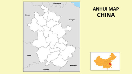 Anhui Map of China. State and district map of Anhui. Political map of Anhui with outline and black and white design.