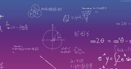 Image of handwritten mathematical formulae over blue to purple background - obrazy, fototapety, plakaty