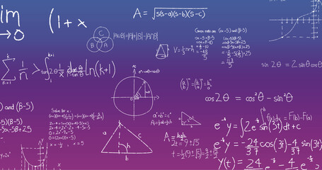 Image of handwritten mathematical formulae over blue to purple background