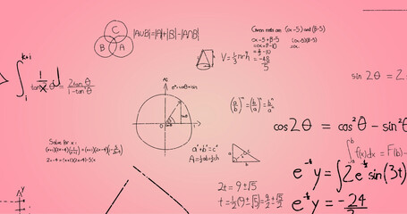 Fototapeta na wymiar Image of hand written mathematical formulae over pink background