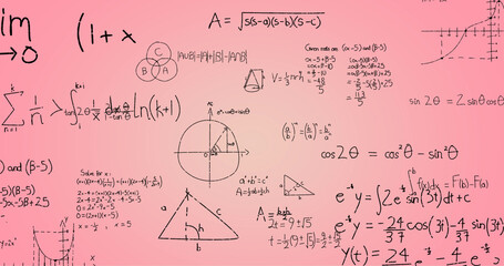 Image of hand written mathematical formulae over pink background