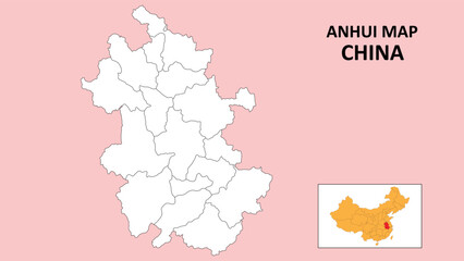 Anhui Map of China. Outline the state map of Anhui. Political map of Anhui with a black and white design.