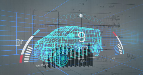 Image of financial data processing and car panel over digital truck model