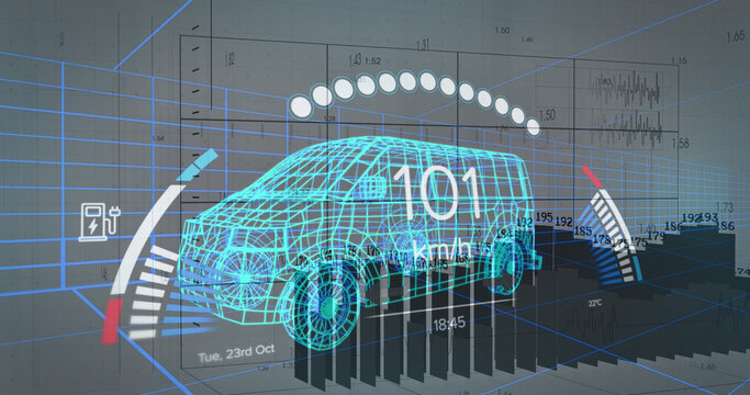 Image of financial data processing and car panel over digital truck model
