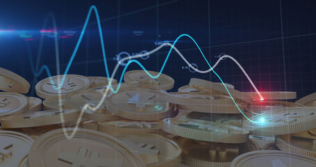 Image of financial data processing over yen coins on dark background
