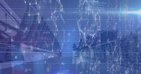 Network of connections and data processing against city bridge in background