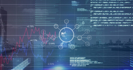 Fototapeta premium Image of data processing on screens over cityscape