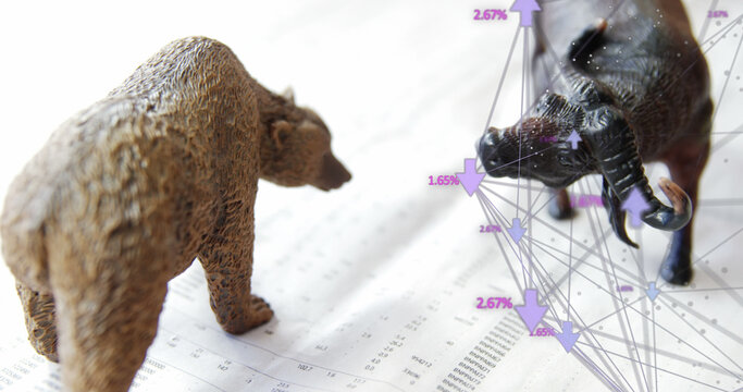 Image of financial data processing over animal figurines