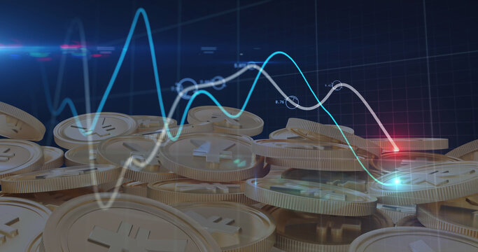 Image of financial data processing over yen coins on dark background