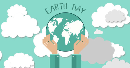 Image of earth day text over clouds and globe