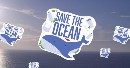 Naklejka premium Image of save the ocean text over whale icons and sea