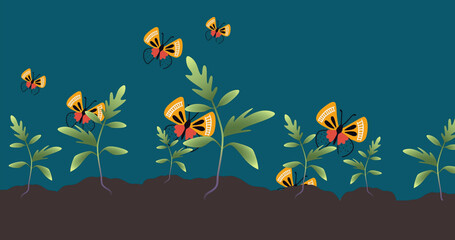 Naklejka na ściany i meble Image of butterflies and plants on green background