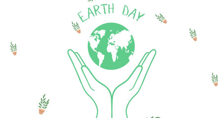 Image of earth day text over globe and hands