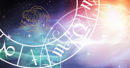Image of aquarius star sign and horoscope zodiac sign wheels on starry sky background