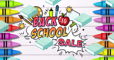 Image of back to school sale text with school items icons over white background