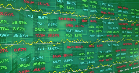 Image of stock market and binary coding over green background