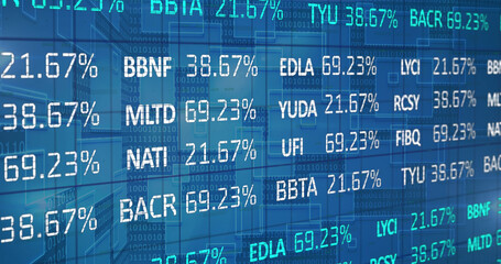 Image of stock market and binary coding over blue background