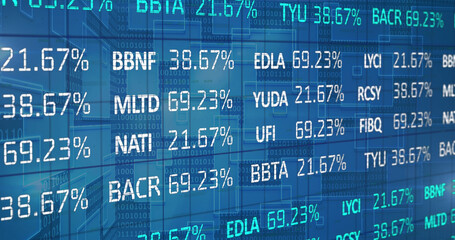 Obraz premium Image of stock market and binary coding over blue background