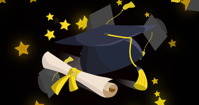 Image Of Graduation Cap And Letter Icons Over Stars On Black Background