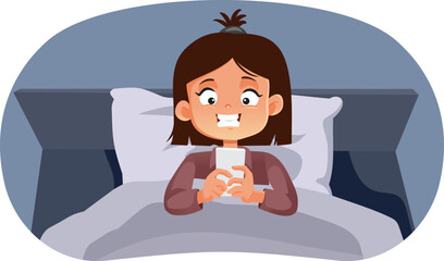 Funny Little Girl Using Smartphone Before Going to Bed Vector Cartoon. Child procrastination sleep time scrolling on social media
