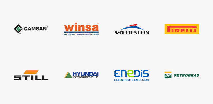 Most well-known industry logo set collection. Top industry brand logo. Hyundai Heavy Industries, Camsan Mdf, Pirelli, Petrobras, Vredestein, Enedis, Winsa, Still.