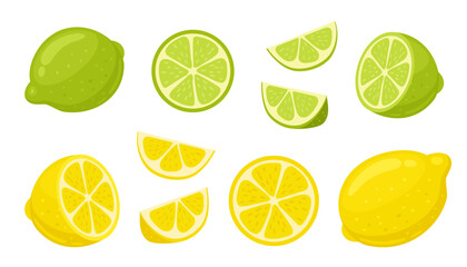 Lime and lemon cartoon vector illustration. Slices, slices, slices, cut lemon and lime isolated on white background.