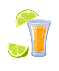 Tequila in glass, cartoon cocktail vector illustration. Alcoholic drink with lime in a glass.