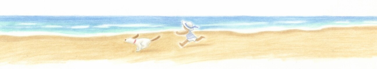 海岸を走る子供と犬