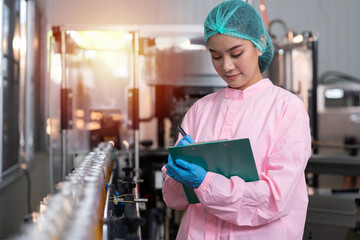 Manufacturer checking product bottles fruit juice on the conveyor belt in the beverage factory....