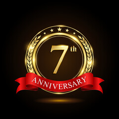 7th golden anniversary logo, with shiny ring and red ribbon, Laurel wrath isolated on black background, vector design
